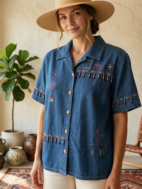 Koret Tops - 🔴 Koret City Blues Vintage 90s Embroidered Beaded Denim Shirt Art to Wear Large